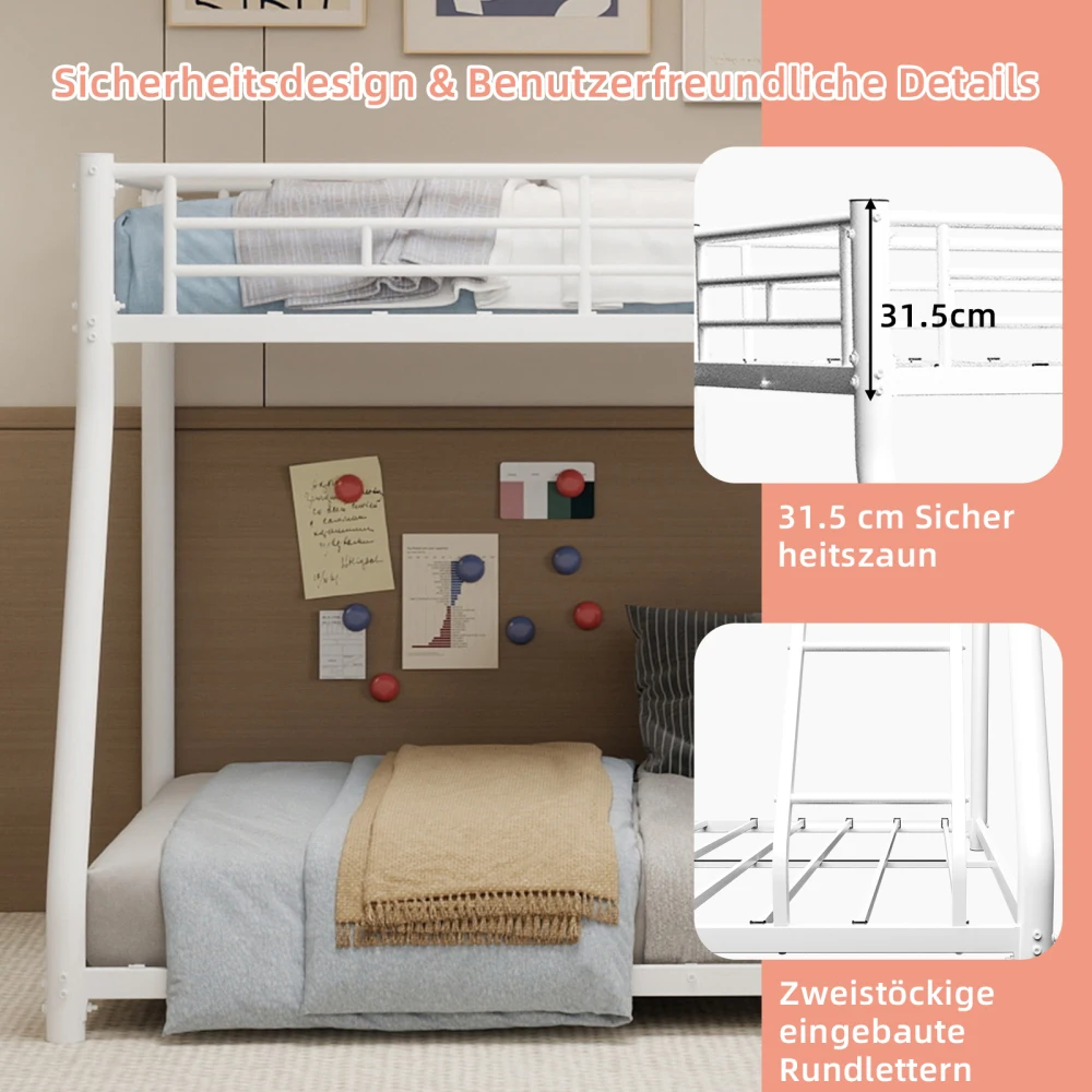 90 x 190 cm großes Etagenbett aus Metall, Bettrahmen, Twin-Over-Etagenbett mit Leiter und Ganzkörperbalkon für junge Erwachsene, geräuschfrei – Detail 20