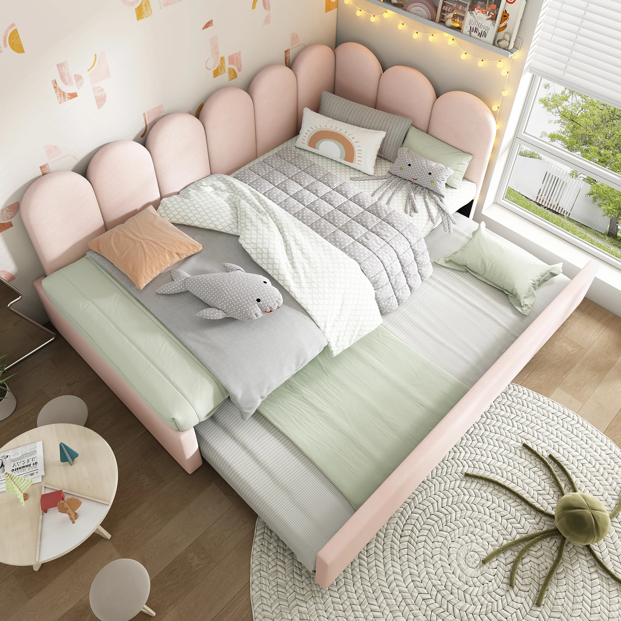 Schlafsofa 90x200cm, Ausziehbares Tagesbett 90x190cm, Kinderbett, Samt Rosa, Lattenrost, ohne Matratze – Detail 17