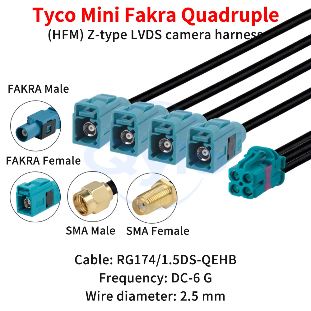 Tyco Mini FAKRA Quad-Port (HFM) Buchse Typ Z auf FAKRA/SMA RG174/1.5DS-QEHB FAKRA-zu-SMA-Kabel (1 Stück)