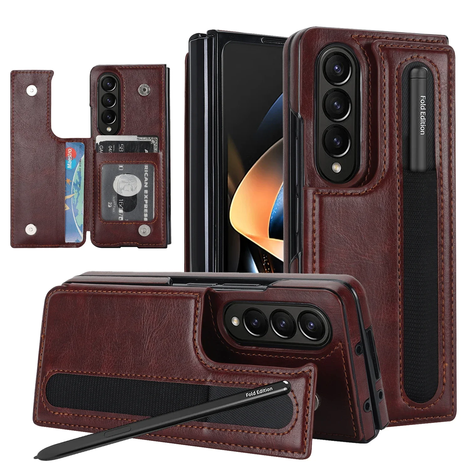 Elegant Leather Folding Card Bag Case with Pen Slot - Business Protection Stand Cover