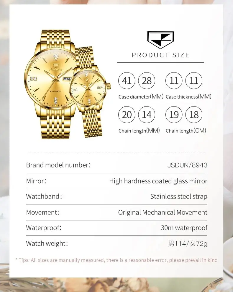 JSDUN 8943 Automatic Watches Simple Business Mechanical Couple Watch Fashion Original Calendar Deep Waterproof Dress Wristwatch