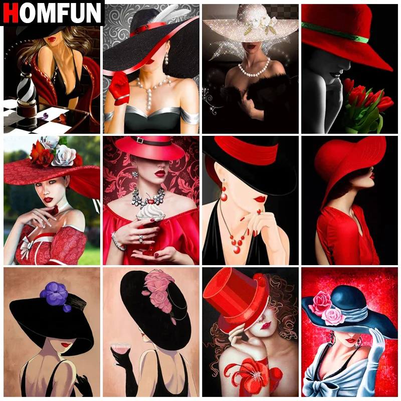 HOMFUN 5d Diamond Painting Full Square/Round "Woman Hat Landscape" Picture Of Rhinestone DIY Diamond Embroidery Home Decor