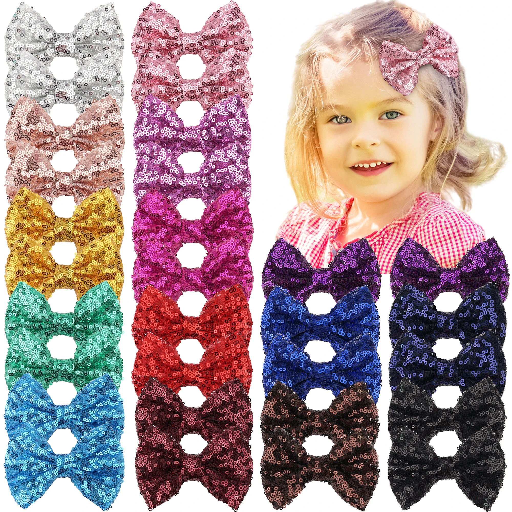 12Pcs Party Festival Girls Sparkling Bows Clips  6 Pairs Glitter Sequins 4" Hair Bows Alligator Hair Clips for Kids Baby Child