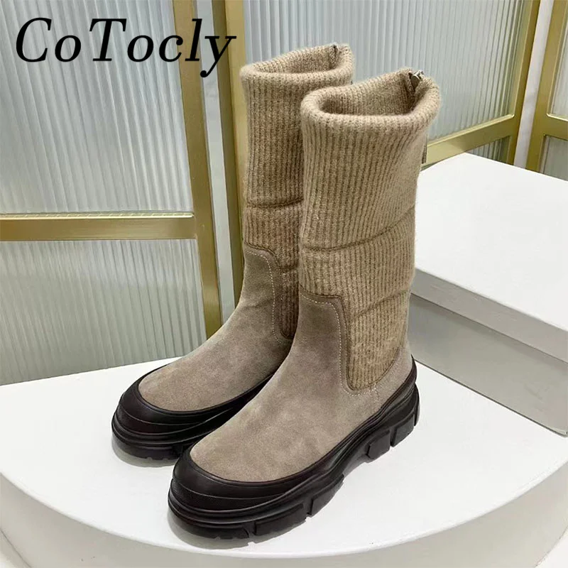 

Autumn New Short Boots Women Cow Suede Flat Platform Shoes Round Toe Sock Boots Woman Thick Sole Knitted Stretch Boots Women