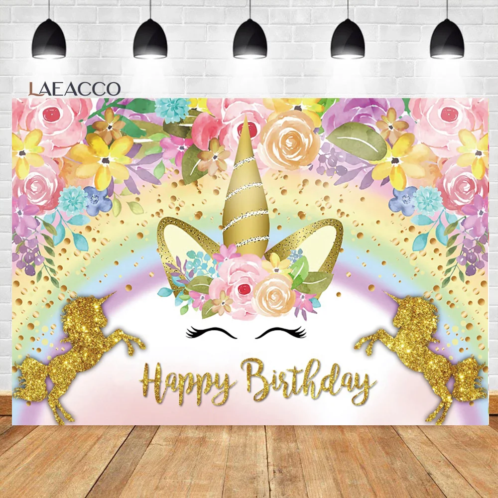 Laeacco Unicorn Birthday Party Backdrops Rainbow Clouds Stars Flowers Light Bokeh Newborn Baby Shower Photography Backgrounds for photo backdrop