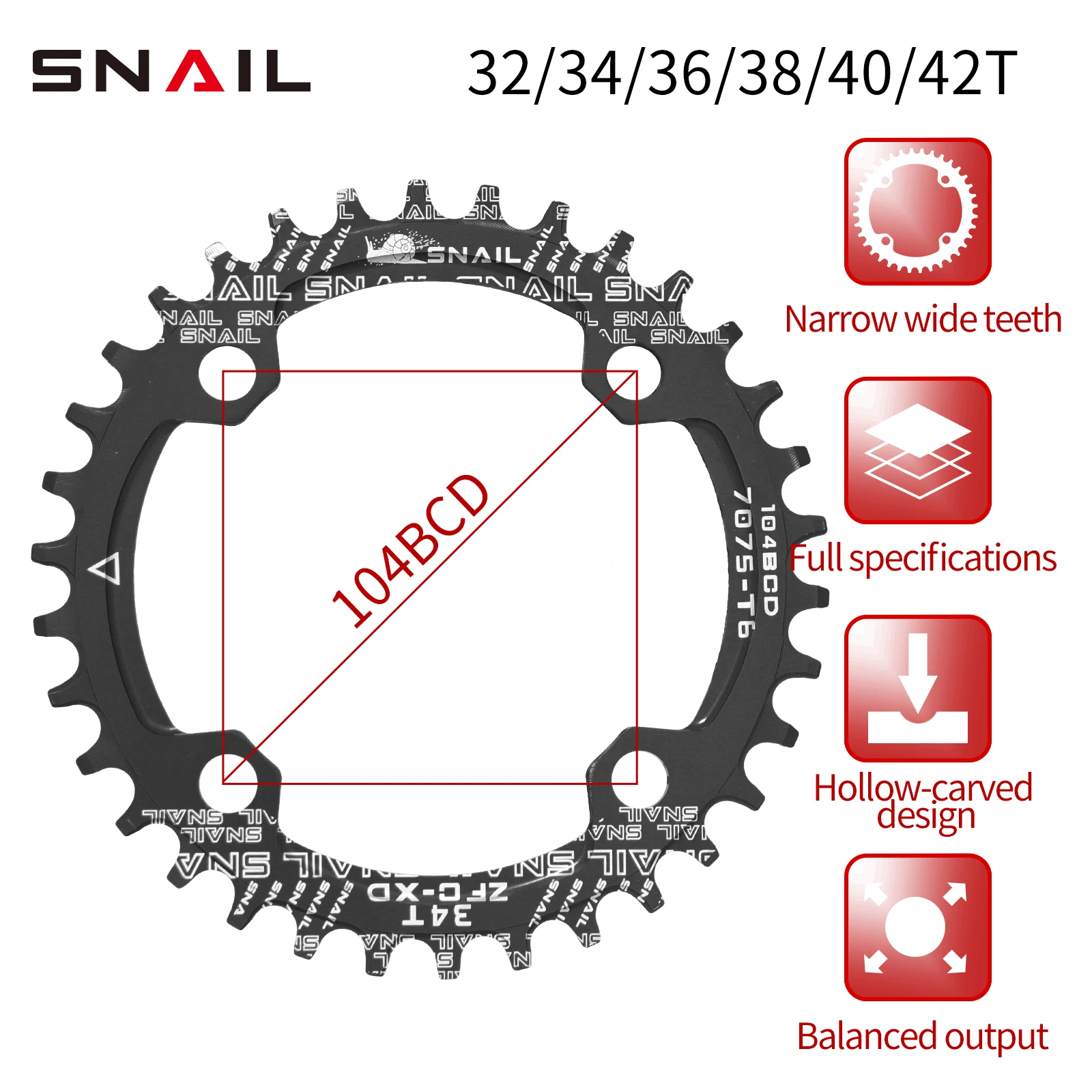 Bike Chainring SNAIL 104BCD/96BCD Bicycle Chainwheel Wide and Narrow Teeth 32T/34T/36T/38T Round /oval Disc Single Chainring For Shimao/SRAM