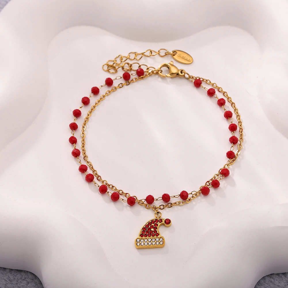Exquisites Weihnachtsmützen-Anhänger-Schmuckset für Damen: Zirkon-Edelstahl-Halskette und Armbänder mit roten Granat-Strangperlen – Detail 7