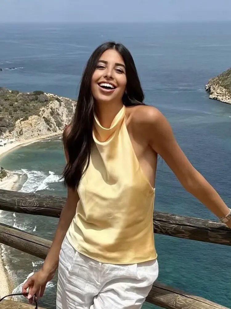 HH Women Elegant Fashion Solid  Halter Top Elegant Off-Shoulder Summer Sexy Lady Backless Tank Tops High Street Halter Neck Tops