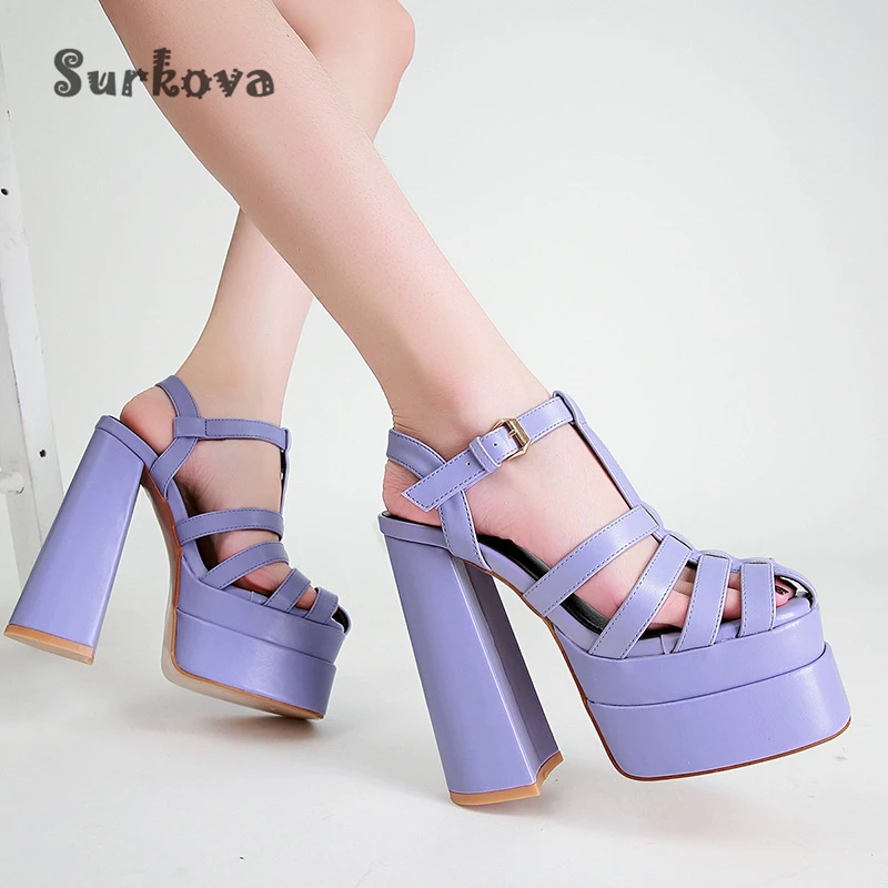 

Summer Gladiator Rome Shoes Women Platform Square Heels Metal Buckle Sandals Sexy Hollow High Heels Purple Nightclub Party Shoes