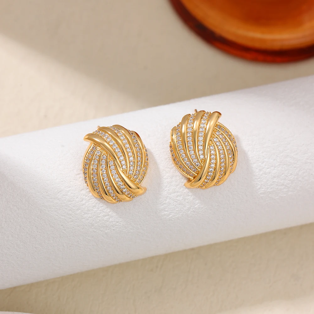 Unusual Spiral Geometric 18K Gold Plated Stud Earrings for Women Inlay Shining Zircon Wing Knot Shape Ear Studs Vintage Jewelry