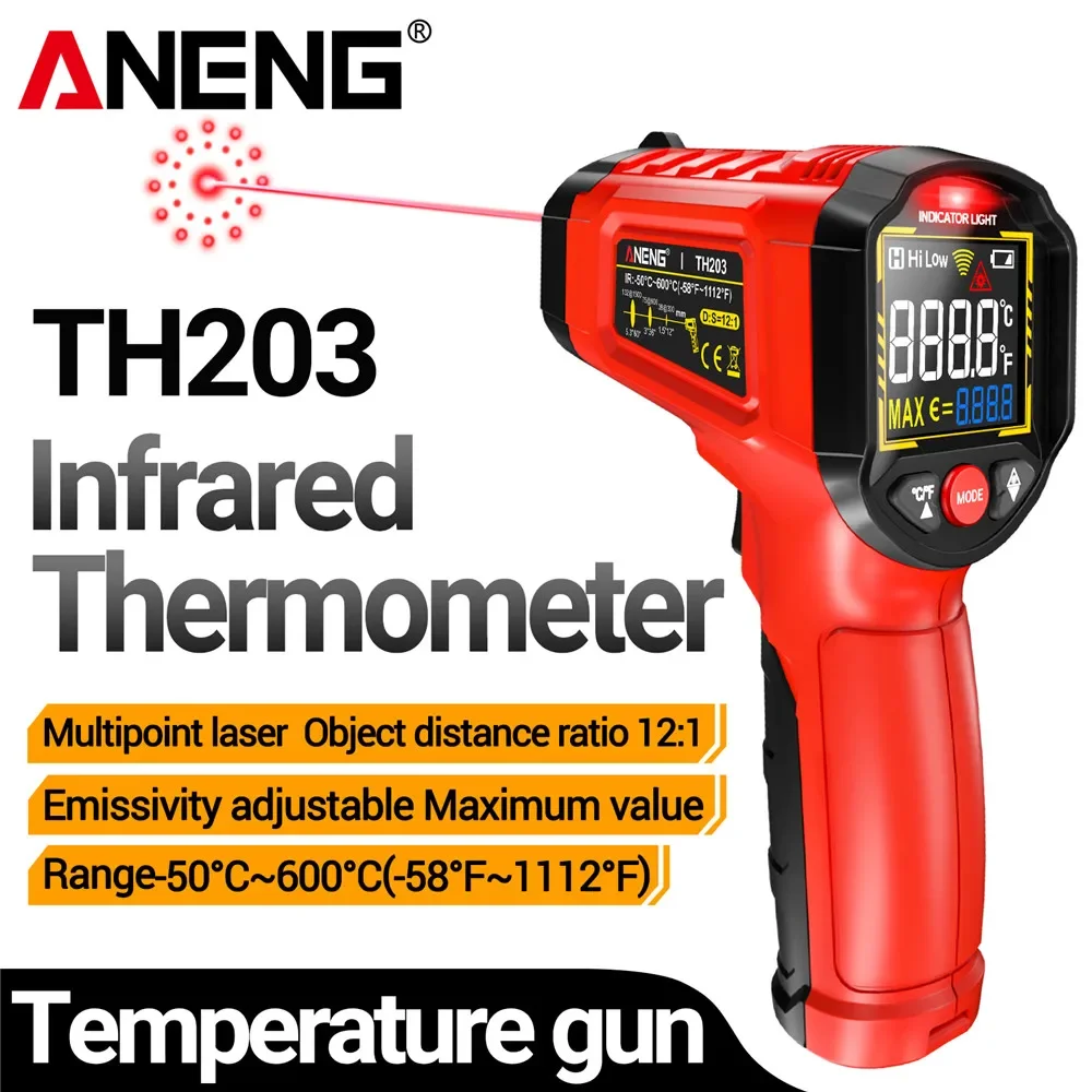 적외선 온도계 TH203 조정 가능한 방사율 비접촉 온도 50 ° C~600 ° C형 고온계 IR 습도계 산업용 가정용