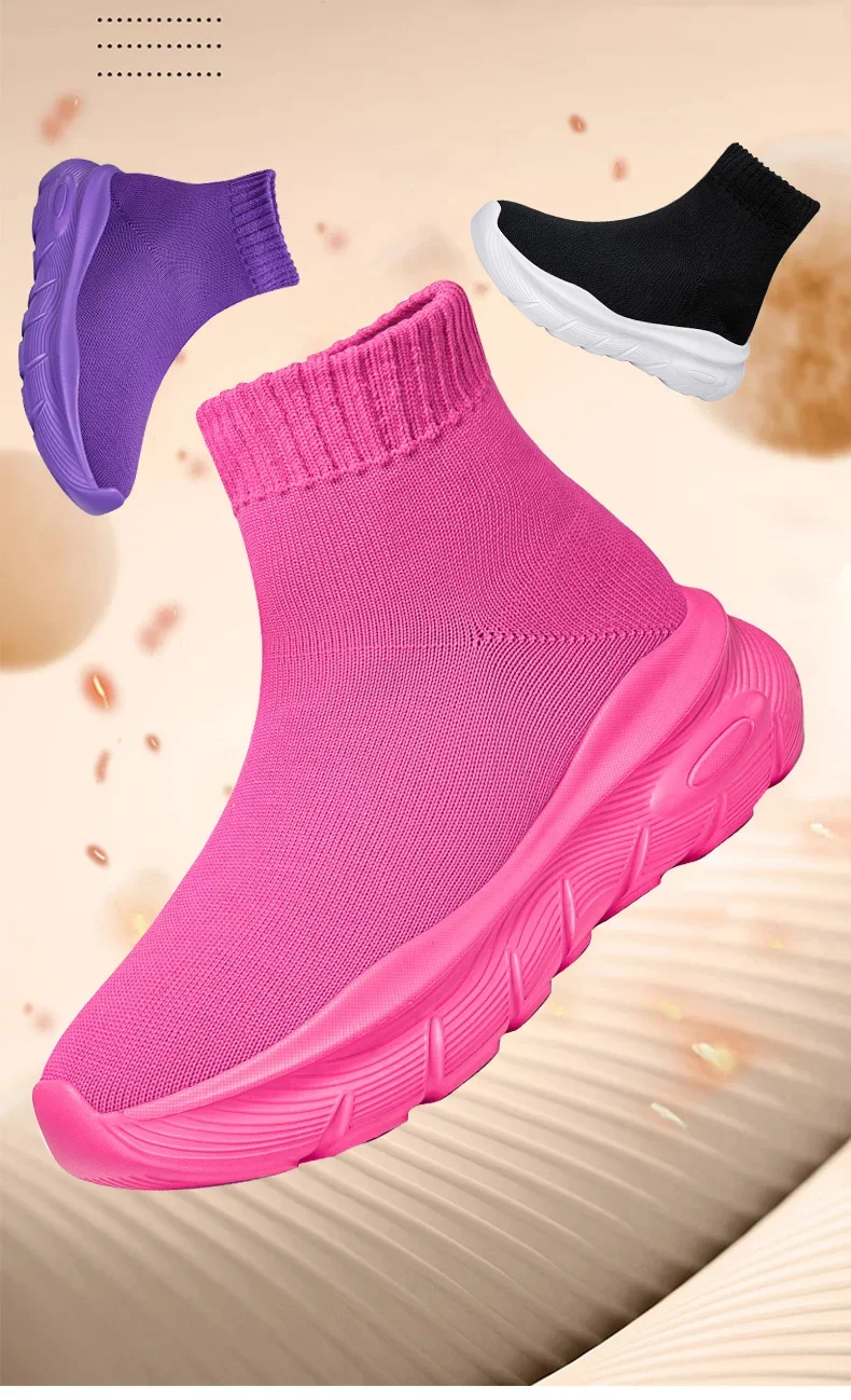 Damenschuhe, klassische High-Top-Sockenschuhe, dicke Sohle, Stretch, Slip-On, lässige Turnschuhe, atmungsaktives Mesh, Outdoor-Wanderschuhe, Schwarz – Detail 2