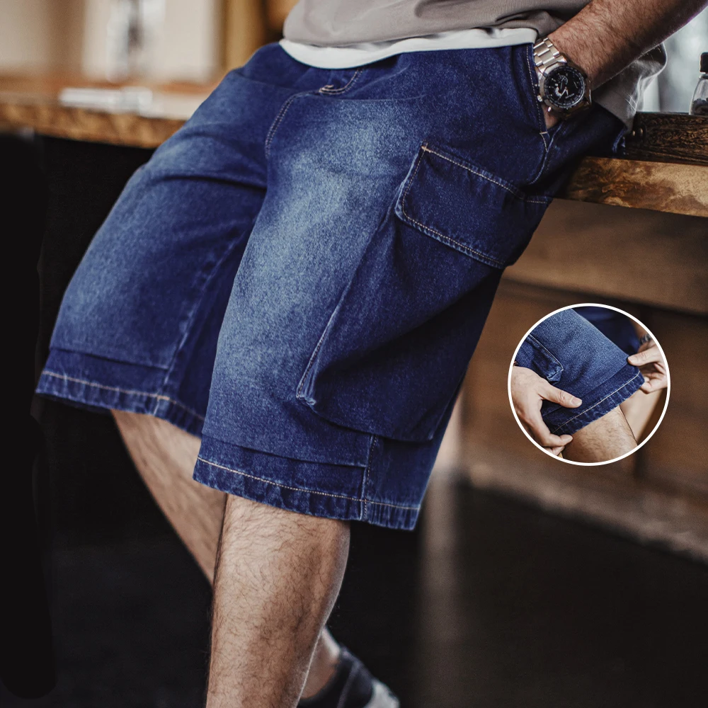 Vintage Heavyweight Embroidered Denim Shorts Men's Spring Summer Loose Fit Elastic Waist Cargo Street Shorts men jeans,denim pants,denim shorts,summer jeans shorts