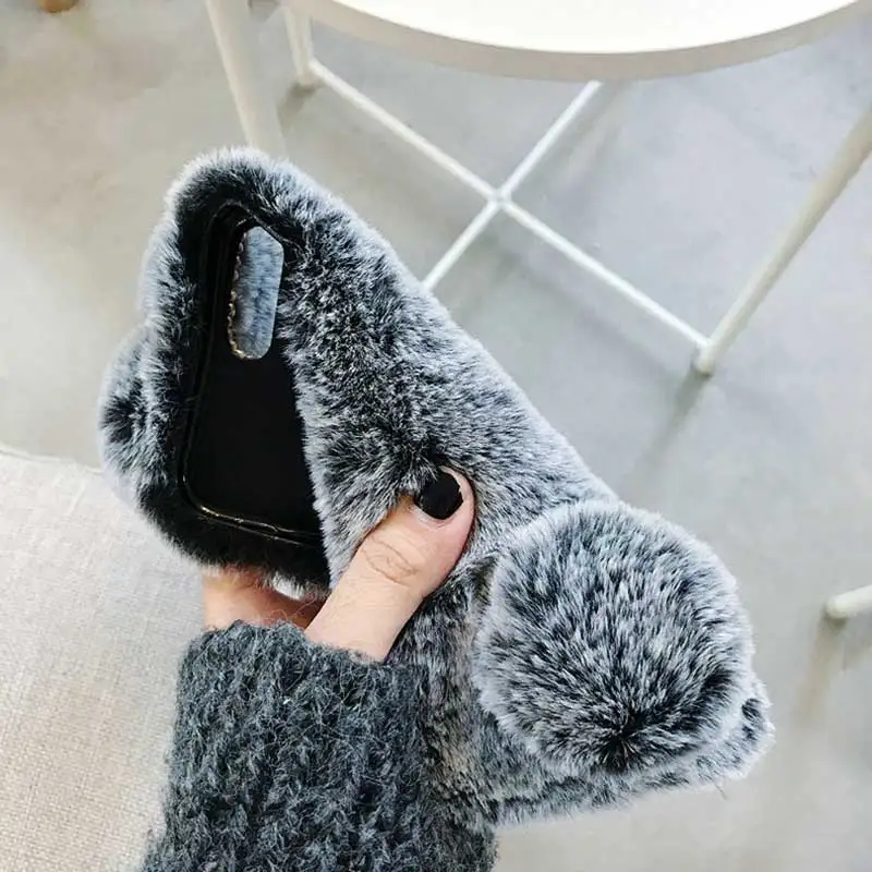 Rabbit Ears Warm Fluffy Diamond Phone Case with Fur Back