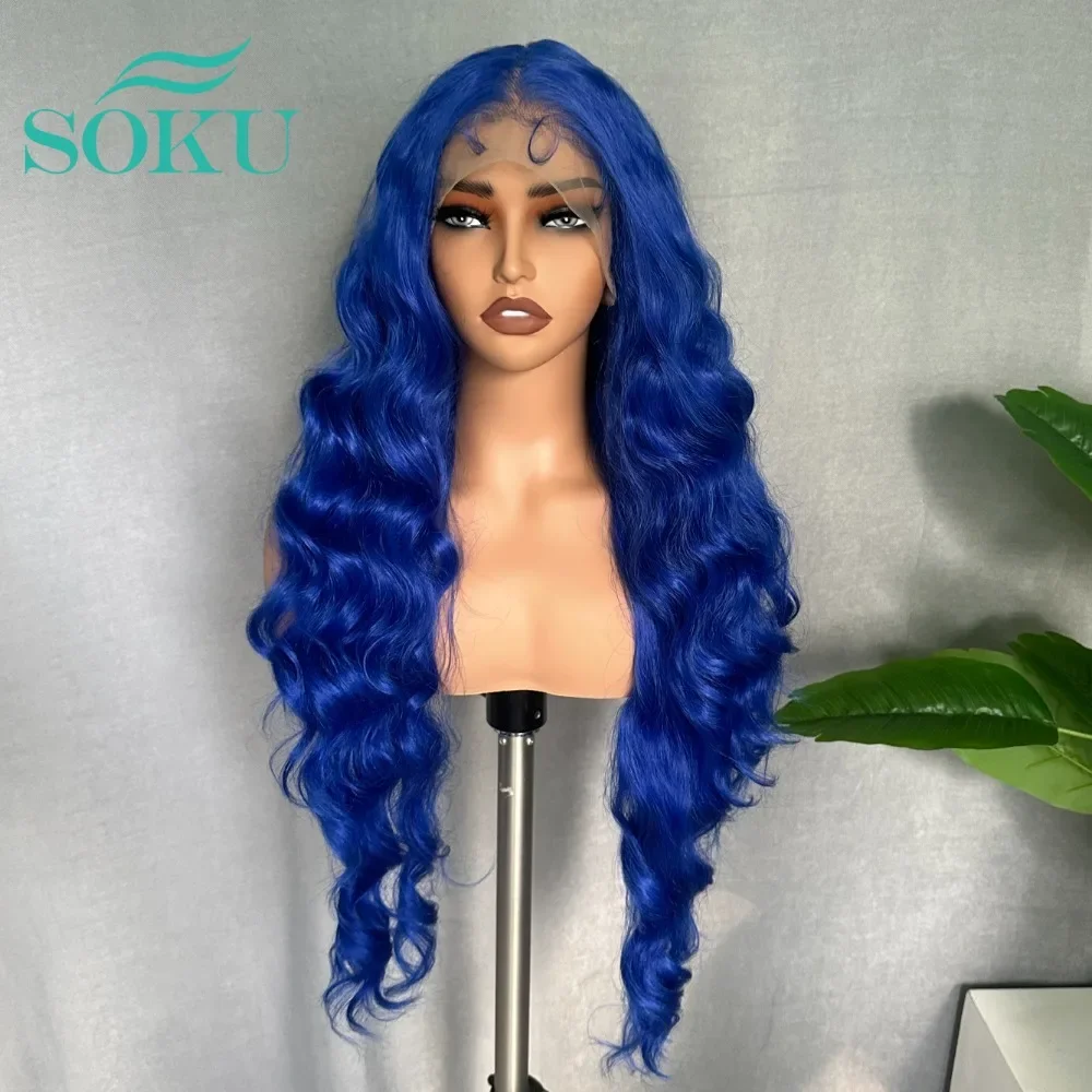 

SOKU 6x13 Free Part Transparent Lace Front Wigs For Black Women Long Body Wave Black Wig Natural Synthetic Daily Heat Resistant