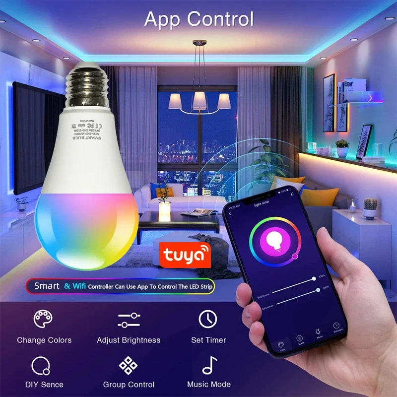 LED Bulb RGB Smart WIFI/Bluetooth Cell Phone Remote Control Dimmable 9/15W Lights Bedroom Ballroom Bar Club Indoor Led Lighting