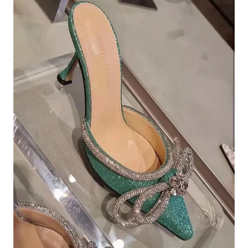 Foreign Trade Bow Knot Rhinestone High Heels, Shallow Mesh, Large Size, Thin Heel, Pointed Back, Empty Slippers for Women