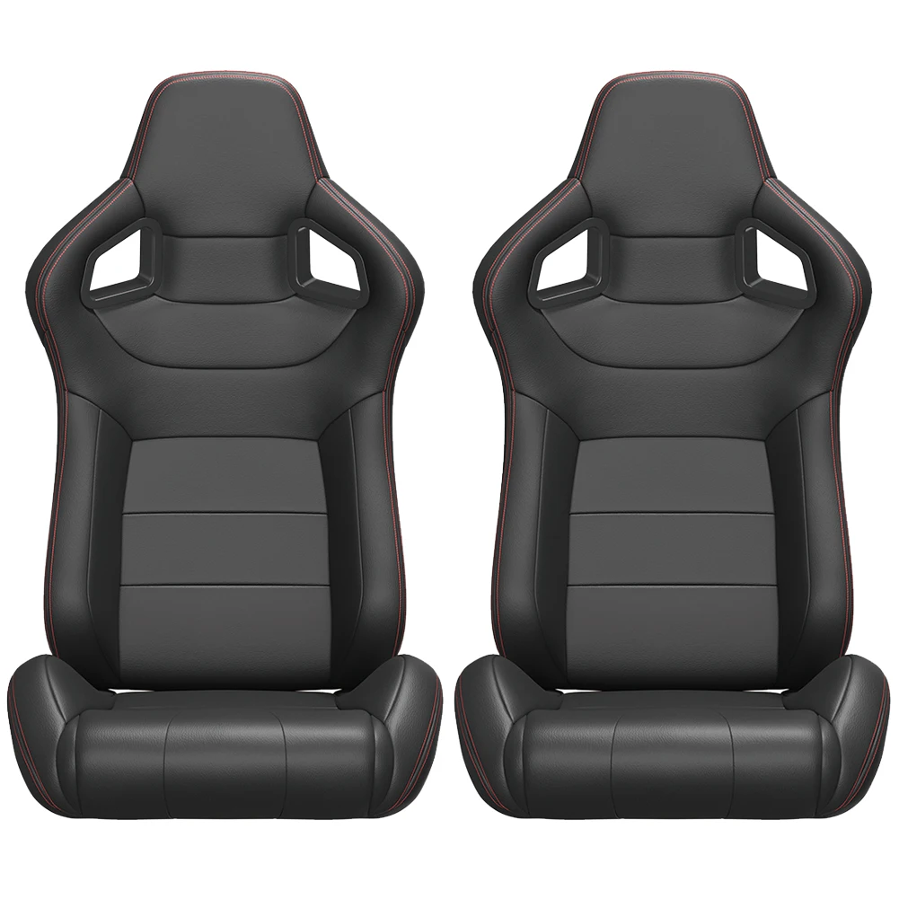 2PC Universal Bucket Racing Seats Red Stitch Red PVC Leather Reclinable Carbon Look Leather Back With Adjustor Slider(Not Includ