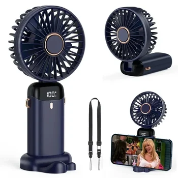 Portable Handheld Mini Fan 3000mAh Foldable Neck Hanging Fans 5 Speed Adjust USB Charge Fan with Phone Stand and Display Screen