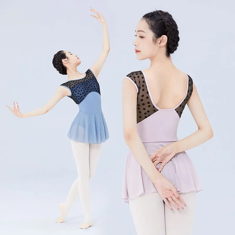 Ballet Leotards Dress Woman Gymnastics Dress Flocking Splice U Back Sleeveless Ballet Dress Adults Nylon Dancing Bodysuit
