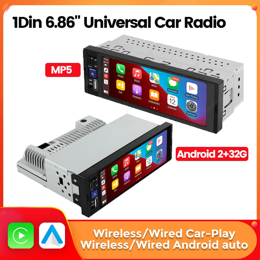 MEKEDE 6,86 ''1Din con cable inalámbrico Carplay Android Auto MP5 Radio para coche reproductor Multimedia BT FM Mirror Link Audio estéreo para coche 1