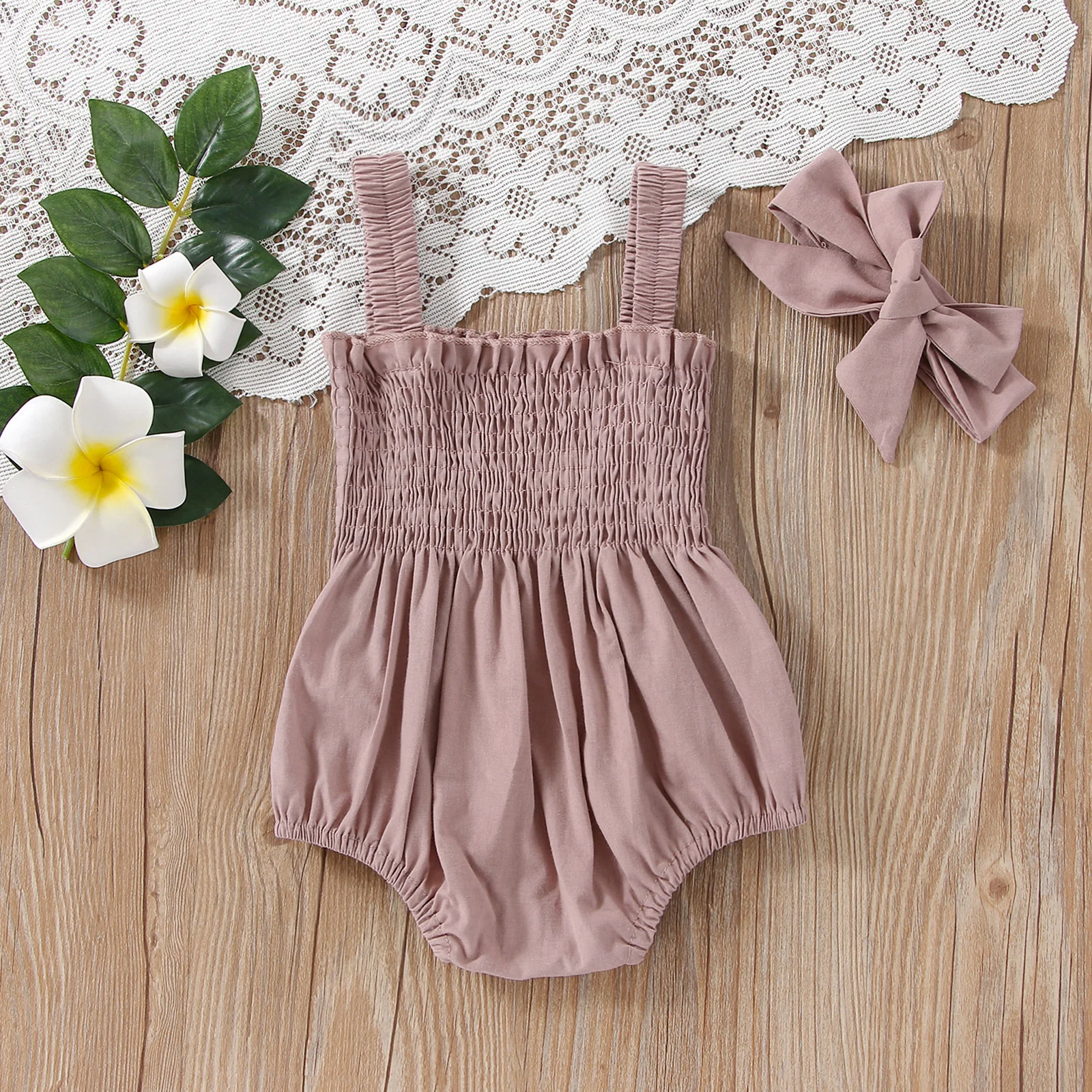 Citgeett Summer Infant Baby Girls Jumpsuit Outfit Solid Color Casual Sleeveless Suspender Jumpsuit Headband Clothes 3
