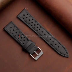 Handcrafted Vintage Racing Leather Watch Strap - Brown Breathable Porous Design - 21mm (Black)