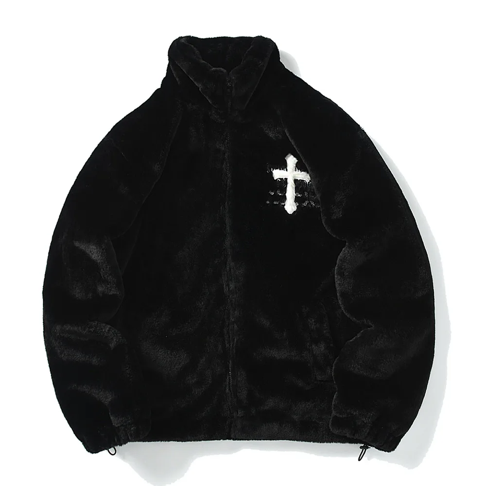 Fleece Jacket Hip Hop Cross Letters Winter Casual Streetwear Zip Up Outerwear Hooded Sweatshirt