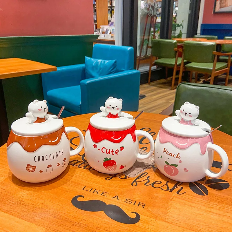 

Новая летняя креативная кружка с медведем с крышкой и ложкой, милая мультяшная керамическая кружка, бытовая большая емкость, чашка для воды