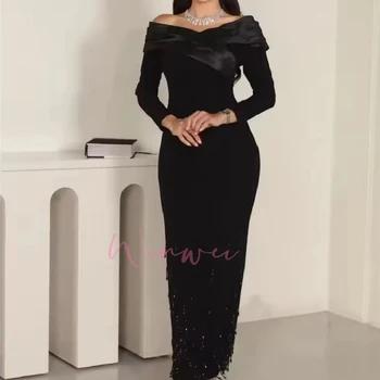 Customized Black Beading Long Sleeves Backless Prom Dresses Off The Shoulder robes de soirée  Ankle-Length Wedding Dress