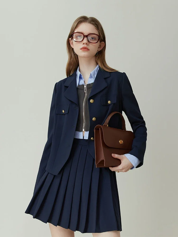 

FSLE British College Style Suit Coat For Women Spring Autumn 2023 New Deep Blue Suit Skirt Two-Piece Loose Suit For Women