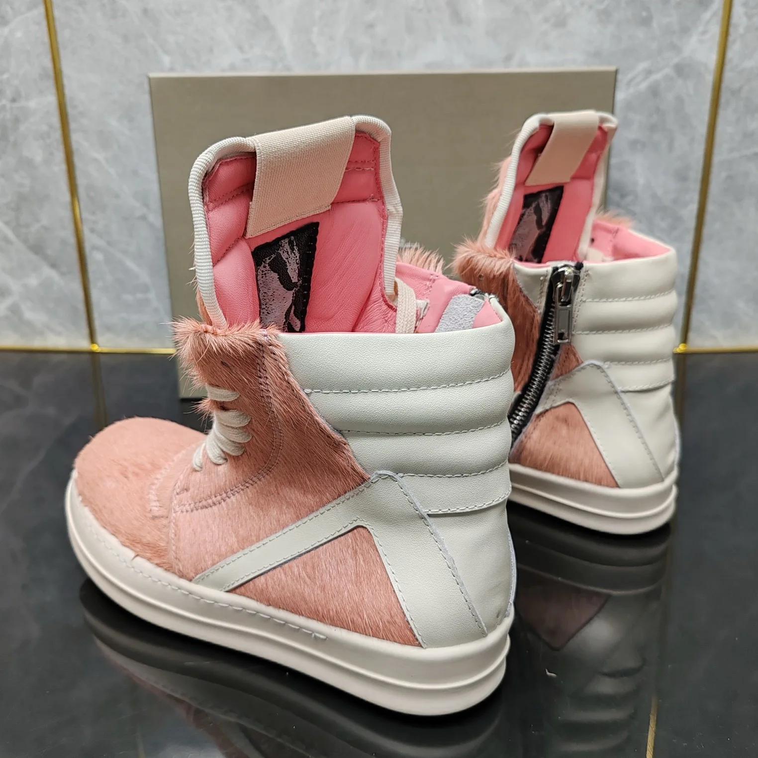 Ricks Pink Horse hair High Top Geobasket Owens Quality Men Shoe Zipper Women Sneaker Casual Owens Design boots & Shoes