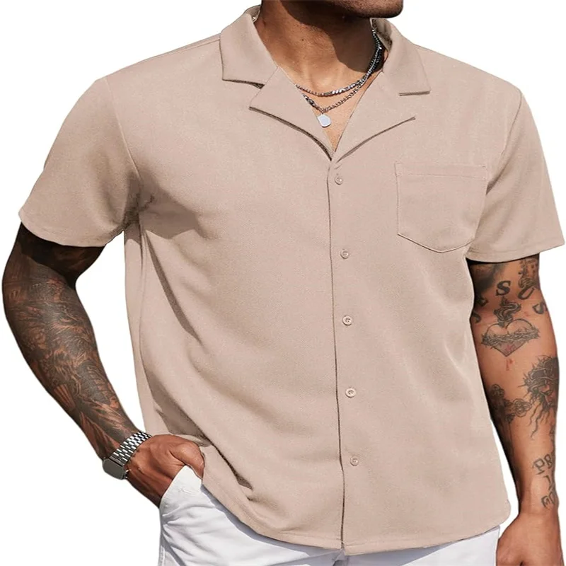Shirt Men Casual Fashion Wrinkle-free Untucked Cuban Business Casual Button-down Short Sleeve