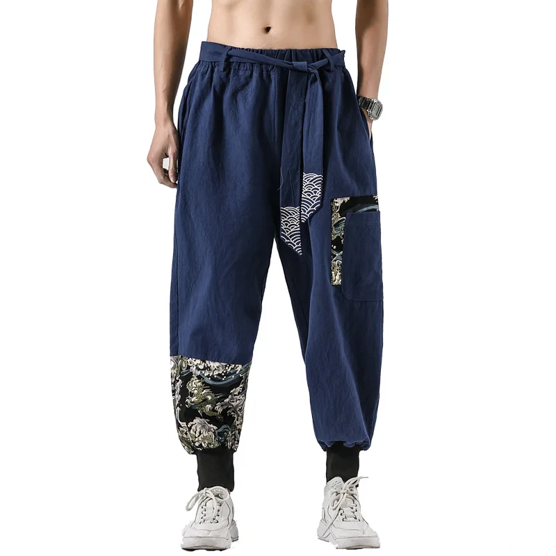 Japanese Kimono Men Cotton Linen Print Belt Retro Harem Pants Haori Baggy Trousers Harajuku Hip Hop Men's Loose Lantern Pants