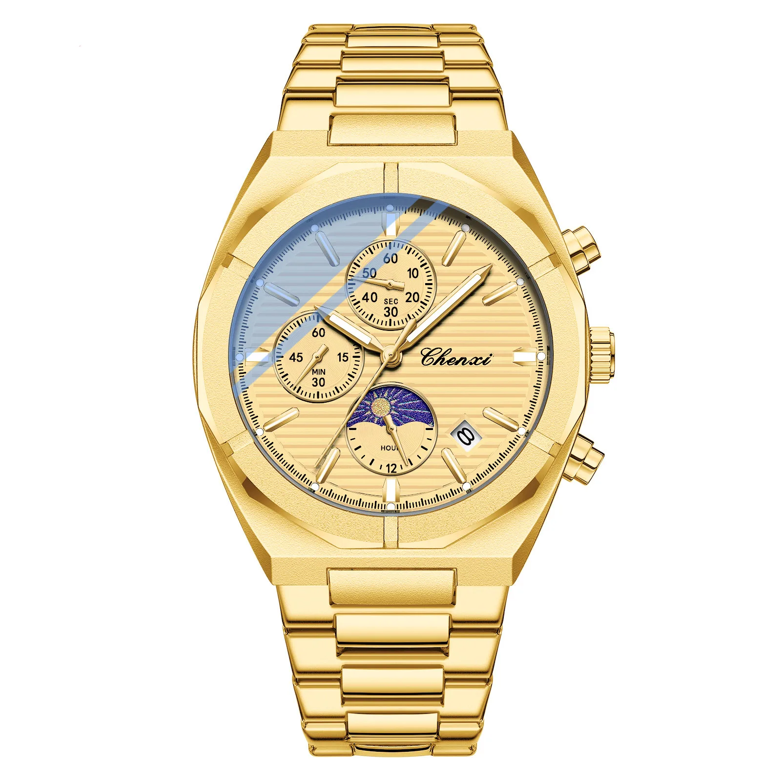 Luxury Gold Watches Men Big Dial Chronograph Multi Functiom Casual Business Quartz Wristwatch for Men Waterproof Steel Strap