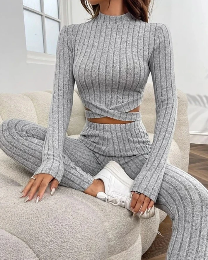 2024 Women Pants Set Spring Summer Casual Style Solid Color Mock Neck Long Sleeve Criss Cross Crop Daily Top & Pants Set