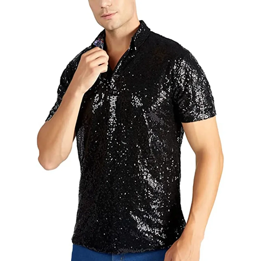 

Comfy Fashion T-Shirt Short Sleeve Lapel Men Nightclub Party Sequin Shiny Short Sleeve Solid Color Stage T Shirt