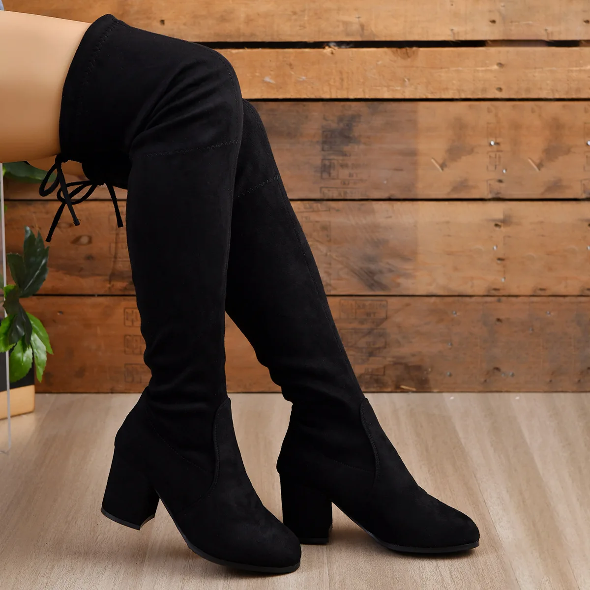 Fashion Faux Suede Female Heels Autumn Winter Elastic Knee-high Boots Women Tube Lace-up Thigh High heeled thick heeled Boots