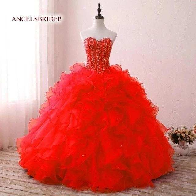 ANGELSBRIDEP Pink Ball Gown Quinceanera Dresses Sparkly Rhinestone Beading Organza Vestidos De 15 Anos Formal Birthday Party HOT