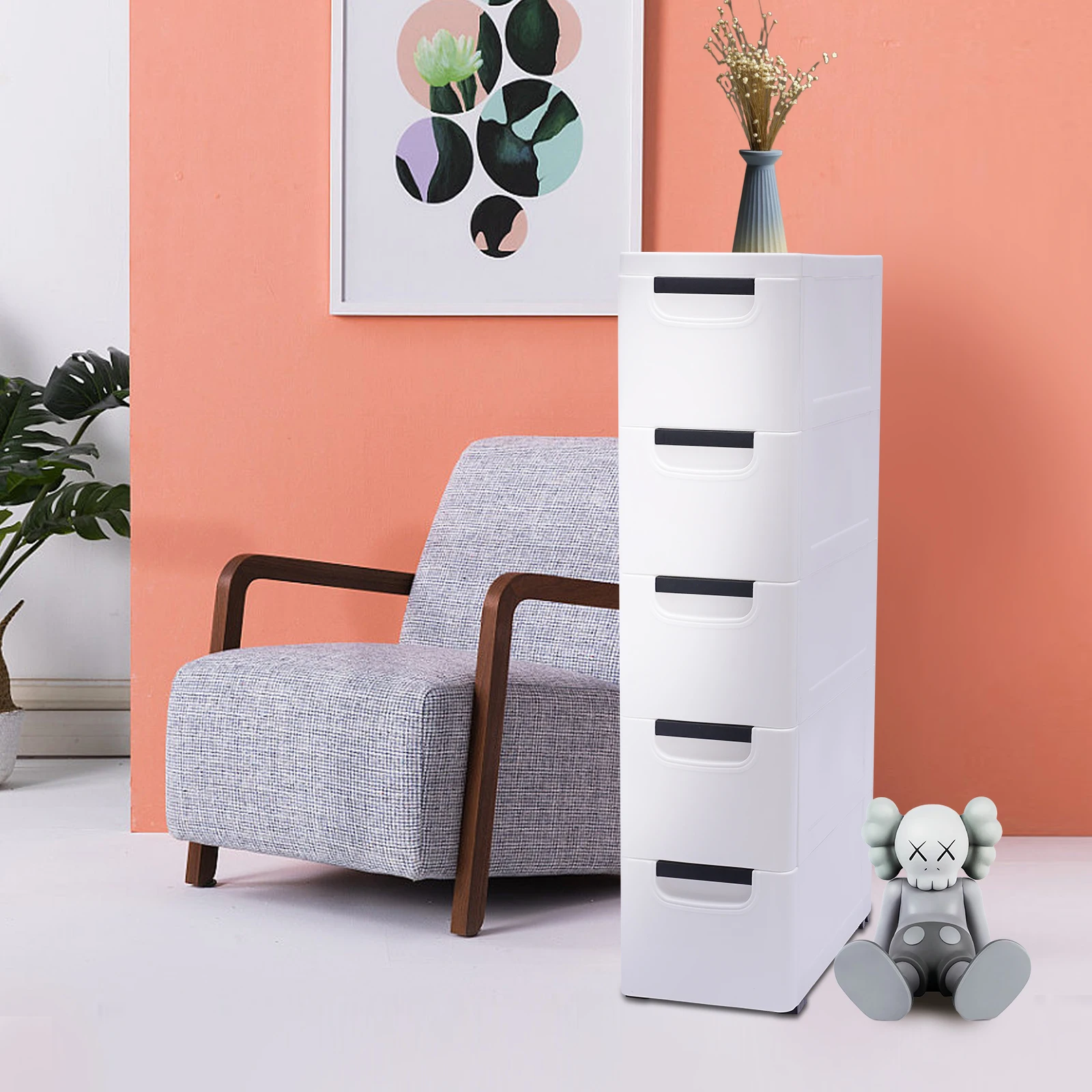 

Bedroom Vertical Furniture Tall Dresser Storage Cabinet White With 5 Drawers Fabric Organizer Wardrobe Save Space