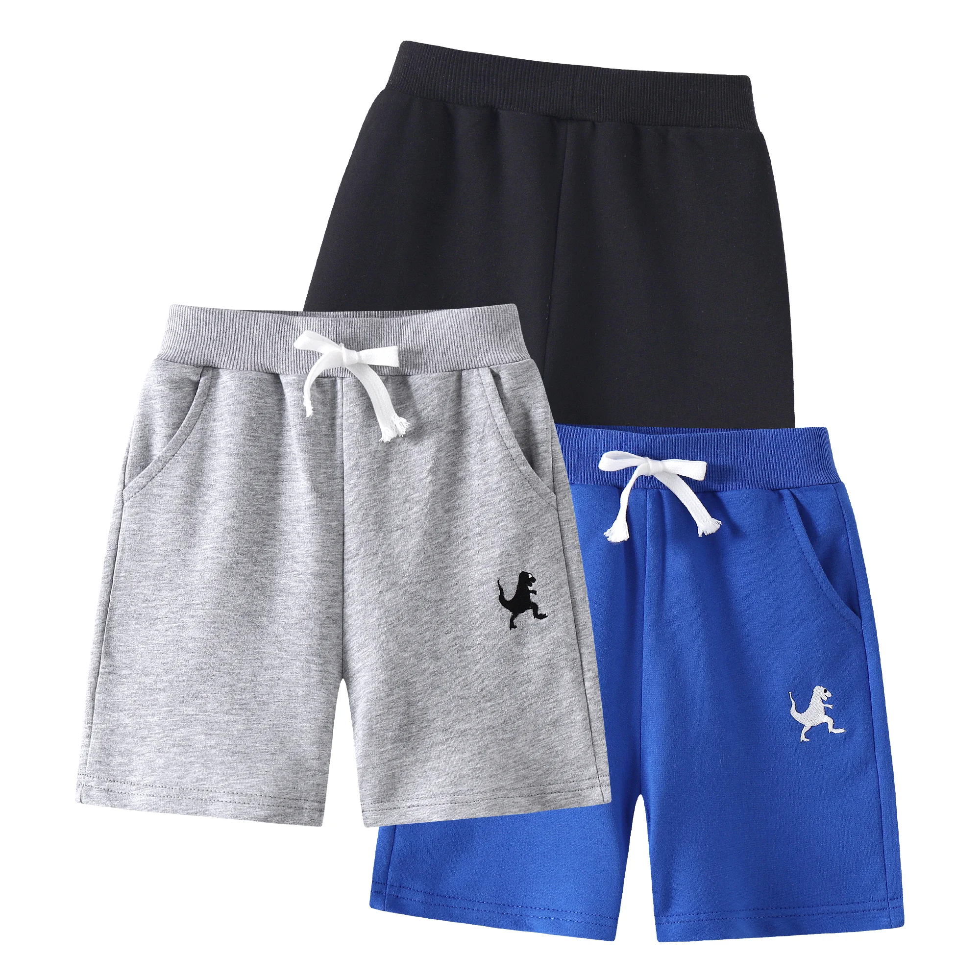 3-Pack Toddler Boys' Cotton Athletic Shorts with Pockets Pull-On Design Active Dinosaur Embroidery, Soft and Breathable