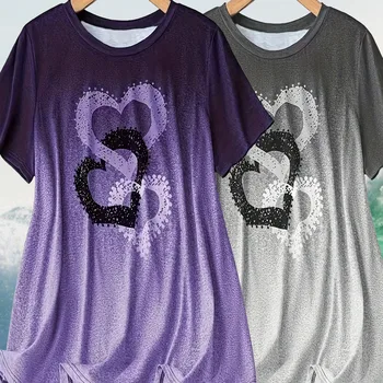 New Women's Fashion Casual Short Sleeved T-shirt Quick Drying Breathable Plus Size Top Heart-shaped Printed Short Sleeve T-shirt 1