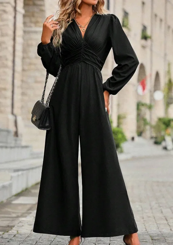 Women's Jumpsuit 2024 Fashion Temperament Elegant Lantern Sleeves Long Sleeved V-neck Pleated Flare Leg Jumpsuit Casual Overalls