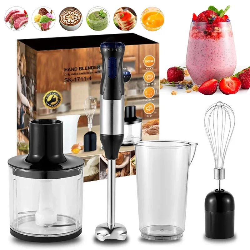 

4 in 1 Electric Stick Hand Blender Handheld Mixer 1000W Stainless Steel Blade Vegetable Meat Immersion Egg Whisk Juicer