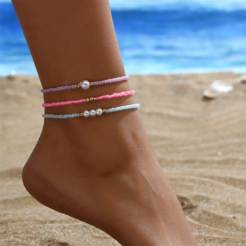 White Pearl Foot Chain Multicolor Rice Bead Anklets For Women Vintage Gold Color Ankle Bracelet Beach Jewelry Summer Accessories