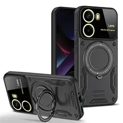 MagSafe Armor Wireless Charging Shockproof Case with Magnetic Ring Cover for Poco M5s (Black)