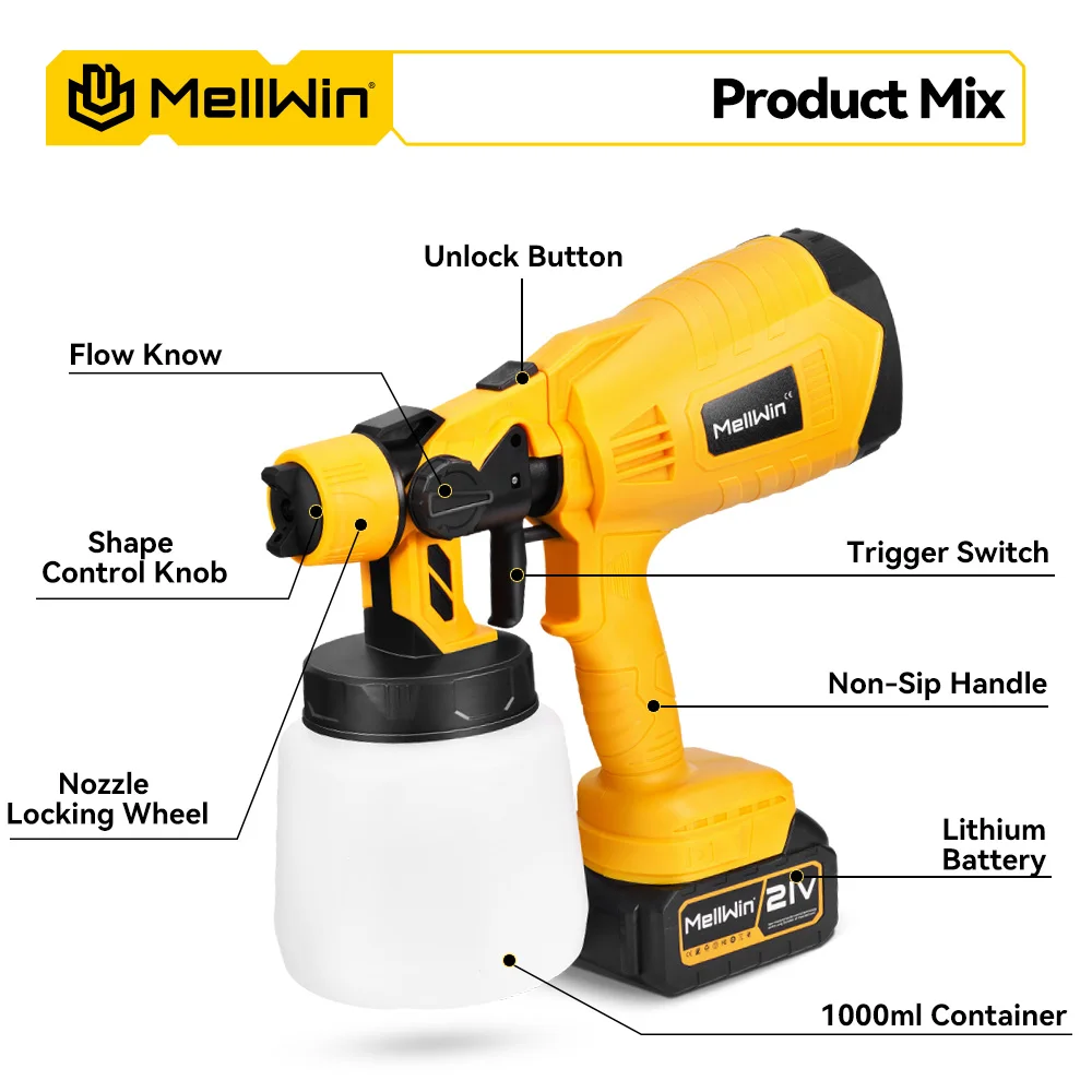 MELLWIN 1000ML Elektrische Spritzpistole Akku-Farbspritzgerät HVLP Auto Möbel Stahl Haushaltsspritzgerät Für Makita 18V Batterie Pin – Detail 5