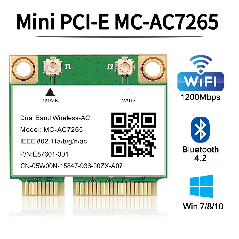 Wifi 5 1200Mbps Bluetooth 4.2 Half Mini PCI-E Wifi Card MC-AC7265 Wireless802.11ac 2.4G 5Ghz for Laptop Win 7 8 10 11 wifi network card