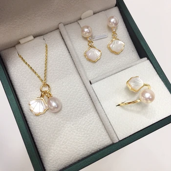 ZHBORUINI 2025 New Freshwater Pearl Jewelry Set 7-8mm Shell Shaped Pendant Earring Ring for Women Elegant Gift 2025 New Arrivals 1
