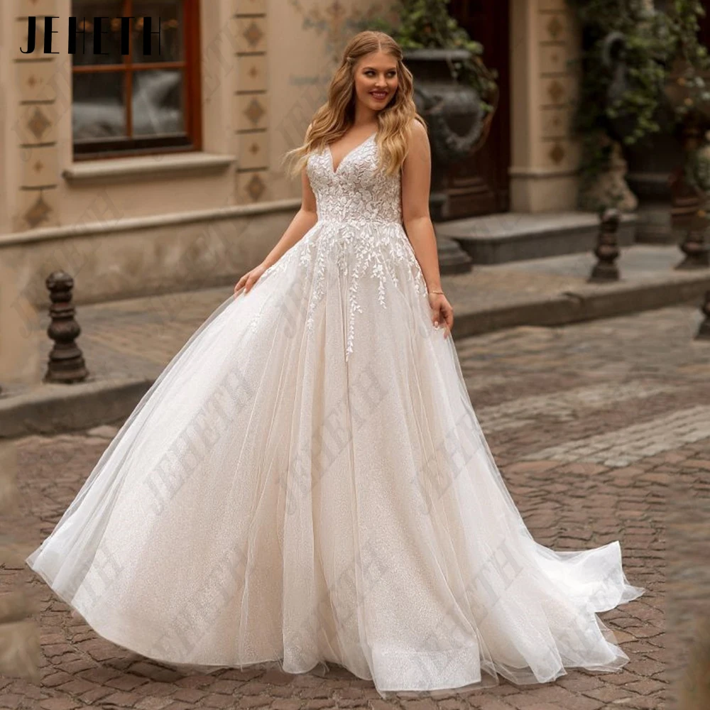 

JEHETH Pastrol Wedding Dresses For Woman Plus Size V-Neck Lace Applique Bride Gowns Tulle A-Line Elegant vestidos de novia